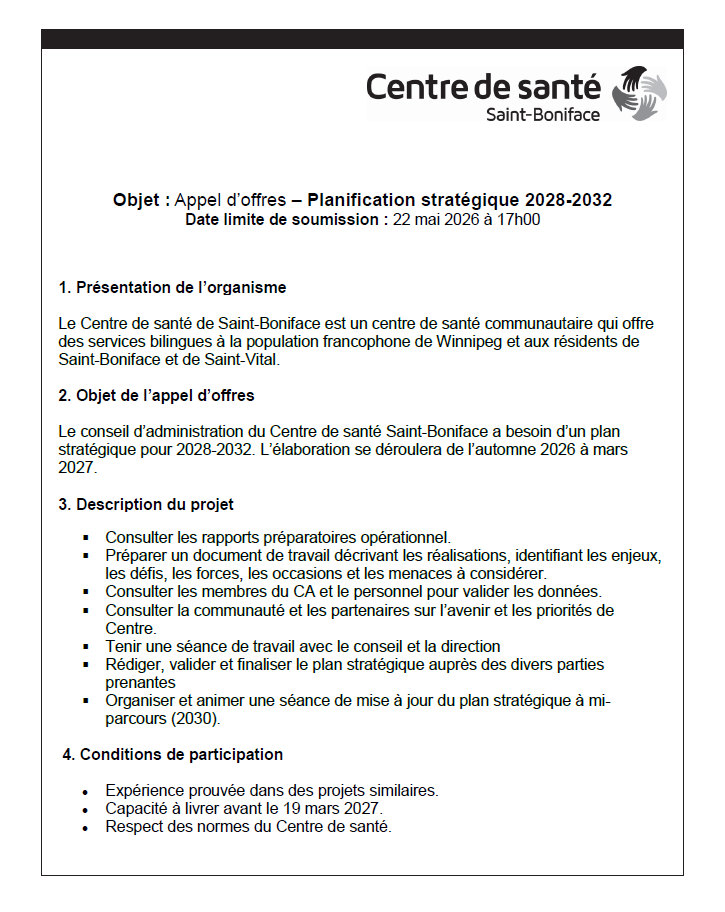 Aperçu de la première page de l'appel d'offres