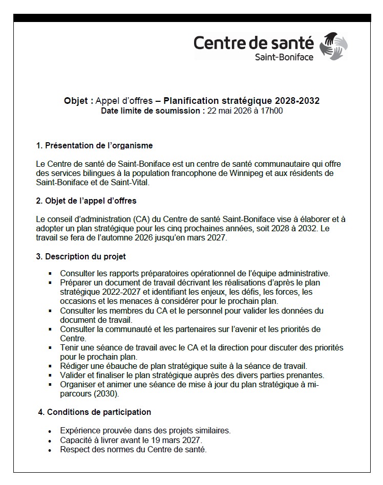 Aperçu de la première page de l'appel d'offres